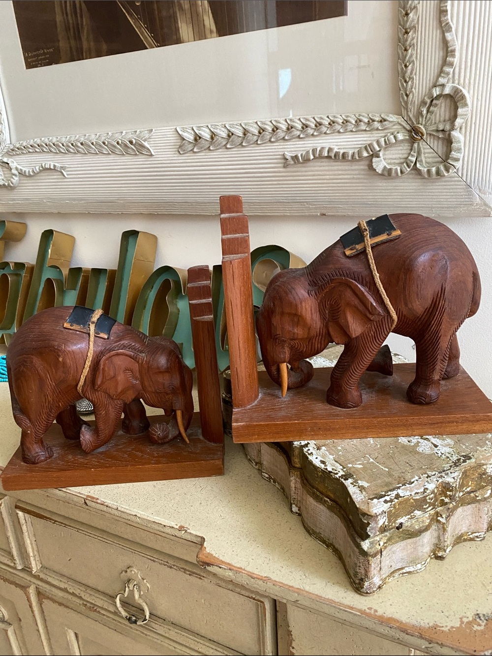 OLD Wood Elephant Bookends